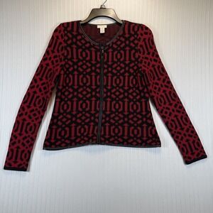 Chicos Cardigan Sweater Women 0‎ Red Black Geometric Full Zip Faux Leather Trim